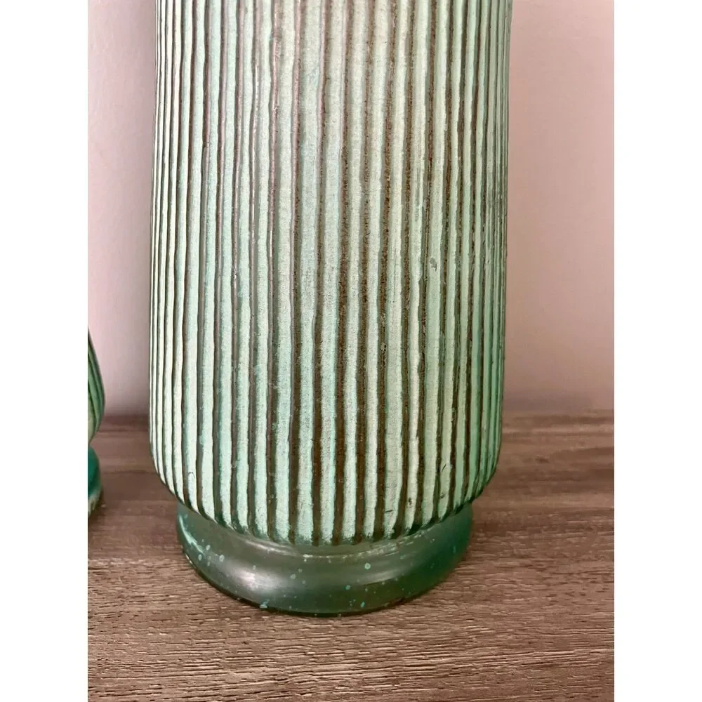 Pier 1 Aqua Patina Ribbed Candle Holders Set of 2 Gold Rim Coastal Decor